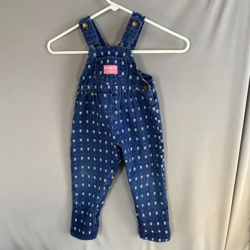 Vintage OshKosh B'Gosh Floral Overalls Girl's Size 2T USA Denim Bubble Butt